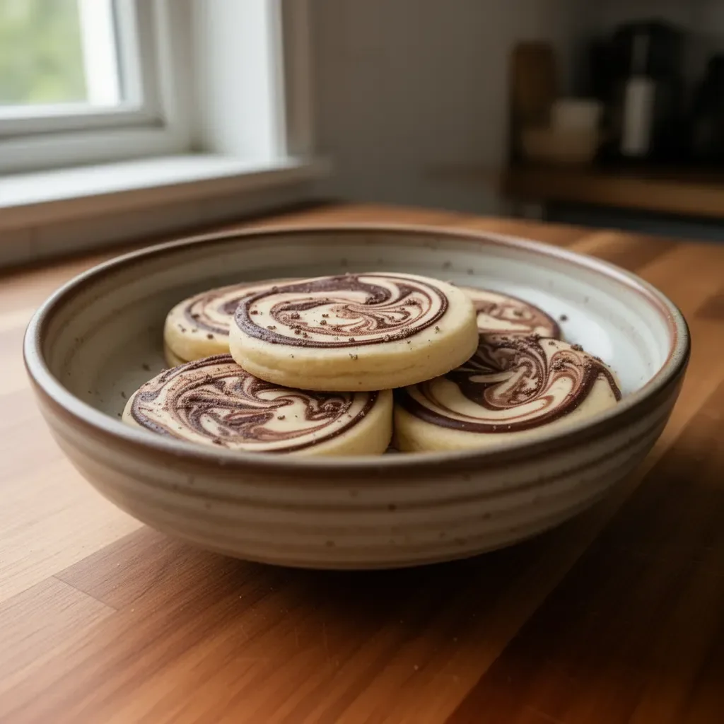 Zuckerplätzchen mit Mocha-Wirbel auf einem dekorativen Teller